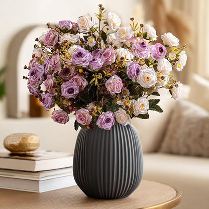 Artificial Flowers for Outdoor 4 Bundles Rose Bouquet with Daisy Faux Flowers UV Resistant for Home Indoor Outside Garden Porch Window Box Balcony Yard Porch Decor (White+Purple)