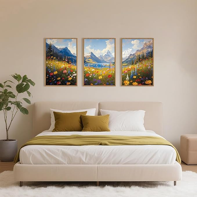 HOURIA Colorful Wildflower Mountain Framed Canvas Wall Art Set,Blue Sky Lake Green Tree Grass Wall Decor,Nature Flower Artwork,Field Scenery Art Prints for Living Room,Bedroom,Farmhouse-24 x36 x3