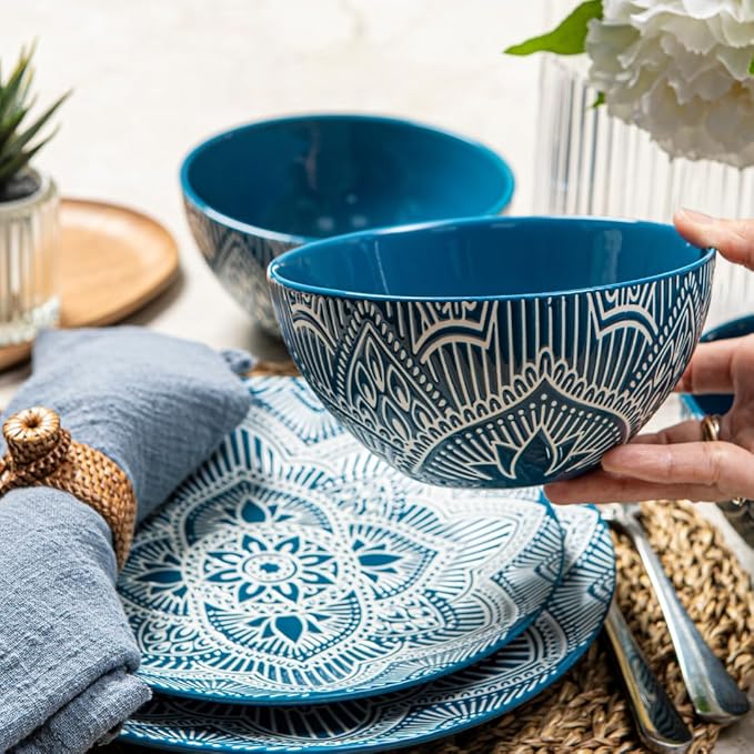 Bzyoo 12-Piece Ceramic Dinnerware Set: La La Mandala Blue Dish Set Design for Every Occasion - Microwave & Dishwasher Safe Stackable Plates Bowls