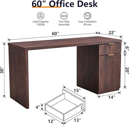 JXQTLINGMU 60" Modern Executive Desk with Storage, Wood Home Office Desk with Drawer & Cabinet, Fluted Computer Writing Desk for Study, Living Room, Bedroom, Dark Walnut
