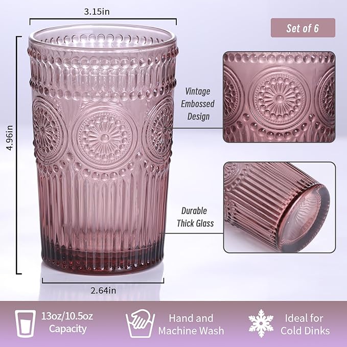 Vintage Glassware Drinking Glasses Set of 4-13 oz Purple Highball Glasses Water Tumbler, Embossed Glassware Cups for Juice, Beer, Cocktail, Whiskey, Various Mixed Drinks