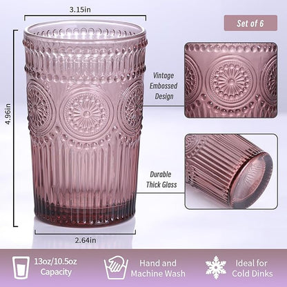 Vintage Glassware Drinking Glasses Set of 4-13 oz Purple Highball Glasses Water Tumbler, Embossed Glassware Cups for Juice, Beer, Cocktail, Whiskey, Various Mixed Drinks