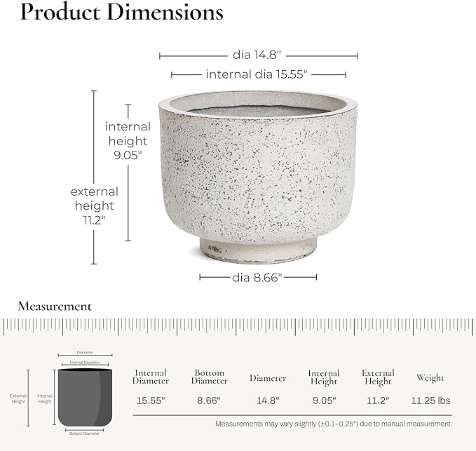 LuxenHome 14.5-Inch Dia Round Concrete Planters, Outdoor Indoor Decorative Plant Pots with Drainage Holes and Rubber Plug, Rustic Distressed Speckled Gray Flower Pot Planters for Home Garden Patio