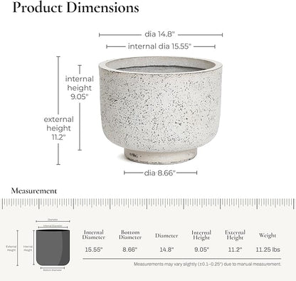 LuxenHome 14.5-Inch Dia Round Concrete Planters, Outdoor Indoor Decorative Plant Pots with Drainage Holes and Rubber Plug, Rustic Distressed Speckled Gray Flower Pot Planters for Home Garden Patio