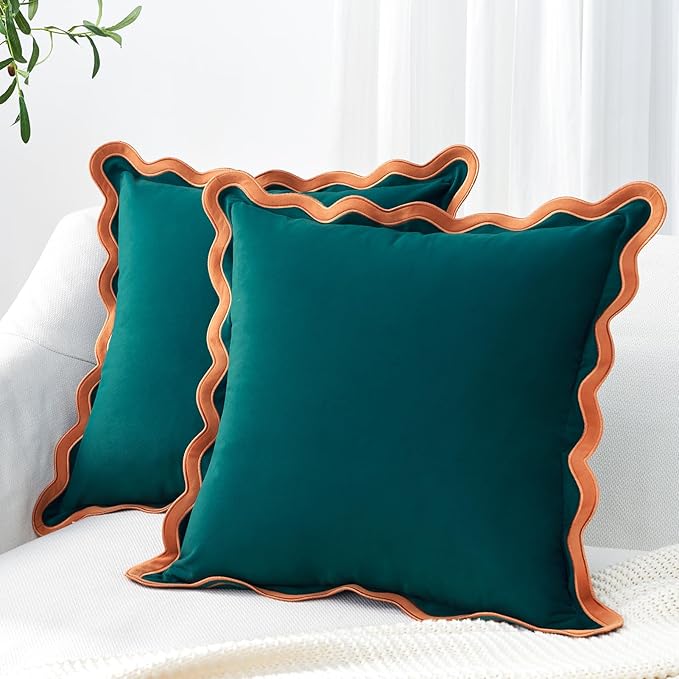 MONDAY MOOSE Decorative Throw Pillow Covers Cushion Cases, Set of 2 Soft Velvet Scalloped Wavy Edge Designs, Mix and Match for Home Decor, Pillow Inserts Not Included (Coral/Dark Teal, 20x20 inch)