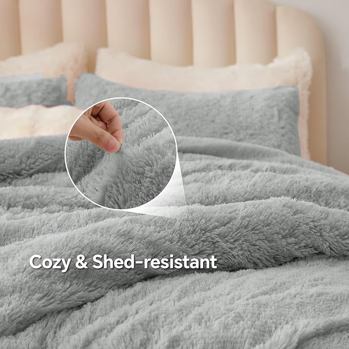 BEDELITE Grey Fluffy Comforter Set Queen Size, Fuzzy Faux Fur Comforter Bedding Set, 3Pieces Soft Warm Shaggy Bed Set (1 Comforter & 2 Pillowcases) as Gifts for Women