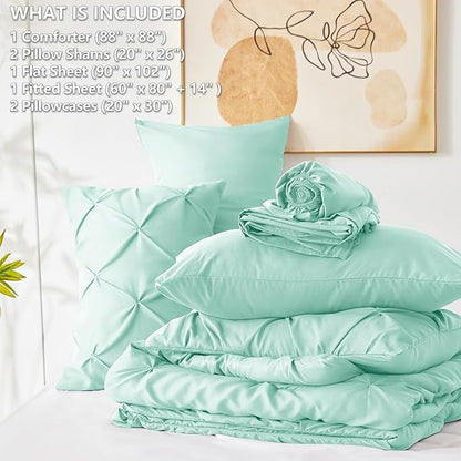CozyLux Queen Comforter Set Mint Green, 7 Pieces Pintuck Bed in A Bag, Premium Green Comforter Queen Size, Pinch Pleat Bedding Sets with Comforter, Flat Sheet, Fitted Sheet, Pillowcases & Shams
