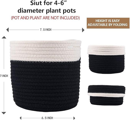 6.5 inch Planter Baskets for Indoor Planters Cotton Rope Flower Plant Pots Cover,Woven Storage Baskets for Crafts,Organization Modern Home Decor H6 3/4" x W6 1/2" Black&White