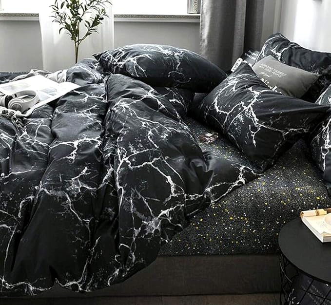 Pureant Black Marble Comforter Sets Full Black and White Marble Bedding Comforters Cotton Women Men Modern Aesthetic Black Quilt Comforter Set Full Size Abstract Black Marble Blankets Full Bedding