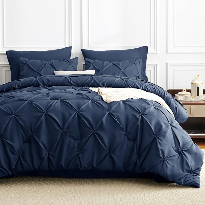 CozyLux Twin XL Comforter Set Navy Blue, 5 Pieces Twin Extra Long Pintuck Bed in A Bag for College Dorm, Pinch Pleat Bedding Set with Comforter, Sheets, Pillowcase & Sham