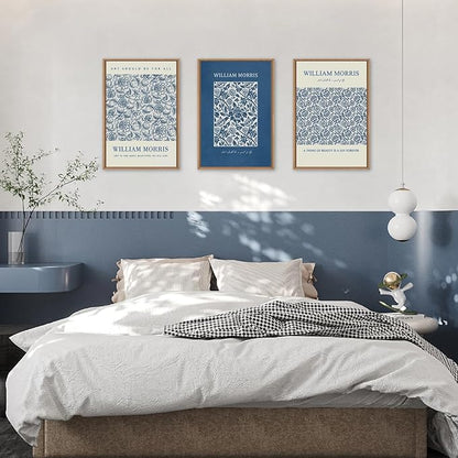 HOURIA William Morris Floral Framed Canvas Wall Art Set,Navy Blue White Flower Wall Decor,Retro Textured Botanical Artwork,Modern Neutral Blossom Art Print for Living Room,Bedroom,Office-16 x24 x3