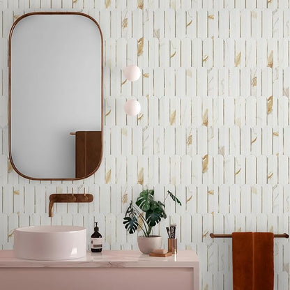 Vamos Tile Peel and Stick Backsplash Seamless Tile,1-Sheet Stick on Backsplash for Kitchen & Bathroom, Calacatta Gold+Matt Pure White Marble Look PVC+ Light Gold Self Adhesive Backsplash Tile（Sample）