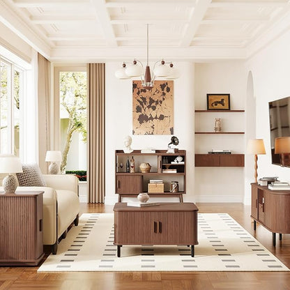 ONBRILL 44" Sideboard Buffet Cabinet with Outlet & 2 Open Storage Spaces, Fluted Sideboard Cabinet with Sliding Door & Adjustable Shelves, Mid-Century Accent Coffee Bar Console Table with Wooden Feet