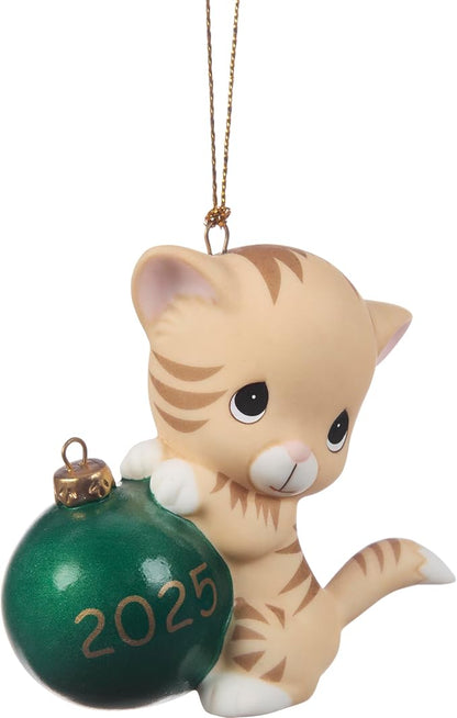 Precious Moments Purr-fectly Festive 2025 Dated Cat Bisque Porcelain Ornament – Festive Tabby with Christmas Ball – 251007