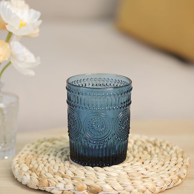 Vintage Glassware Drinking Glasses Set of 4-10.5 oz Blue Glasses Water Tumbler, Embossed Glassware Cups for Juice, Beer, Cocktail, Whiskey, Various Mixed Drinks