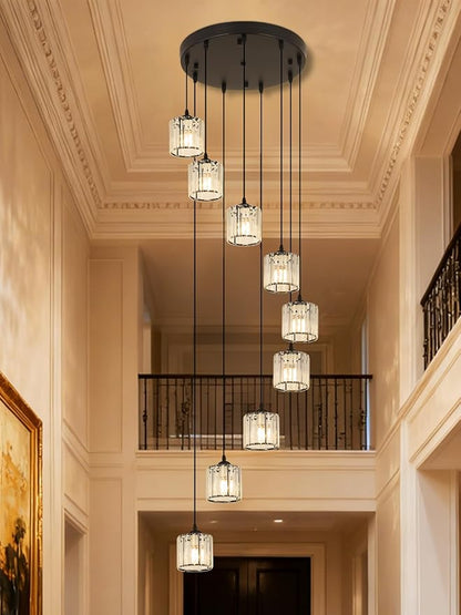 Long Chandeliers for High Ceilings,Modern Crystal Pendant Light,Raindrop Drop Lamp,Hanging Lighting Fixtures for Spiral Staircase,Foyer,Entryway,Living Room,Black (8 Lights)