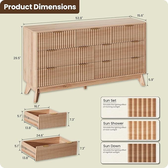 54'' Wide 7 Drawers Dressers for Bedroom, Modern Fluted Chest with Arc Corners, Large Wooden Dresser TV Stand, Wood Closet Clothes Storage Organizer for Living Room, Natural Wood