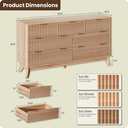 54'' Wide 7 Drawers Dressers for Bedroom, Modern Fluted Chest with Arc Corners, Large Wooden Dresser TV Stand, Wood Closet Clothes Storage Organizer for Living Room, Natural Wood