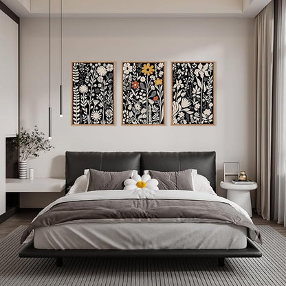 HOURIA Large Moody Boho Floral Framed Canvas Wall Art Set,Mid Century Black Flower Leaf Wall Decor,Retro Dark Wildflower Artwork,Minimalist Botanical Art Print for Living Room,Bedroom,Office-16"x24"x3