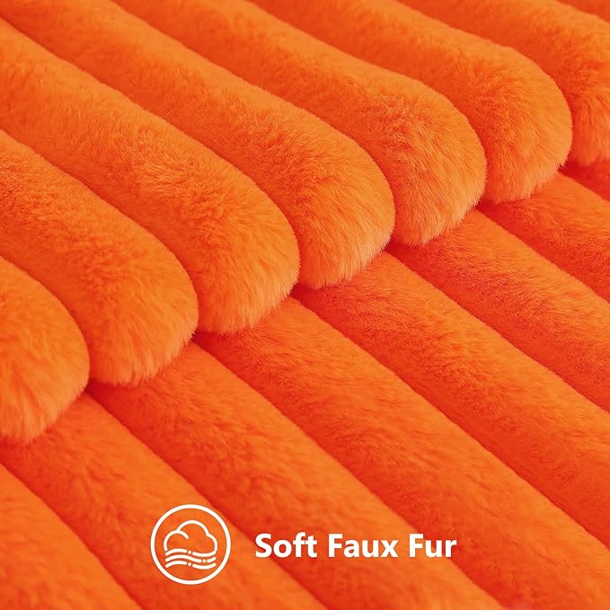 decorUhome Faux Fur Fall Throw Pillow Covers 12x20 Set of 2, Decorative Soft Plush Striped Lumbar Neutral Euro Pillow Covers with Velvet Back for Bed, Living Room Home Decor, Orange