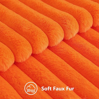 decorUhome Faux Fur Fall Throw Pillow Covers 24x24 Set of 2, Decorative Soft Plush Striped Neutral Euro Pillow Covers with Velvet Back for Bed, Living Room Home Decor, Orange