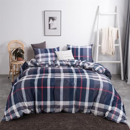 CLOTHKNOW Navy Blue Plaid Queen Comforter Set 3Pcs Tartan Bedding Comforter Sets All Season Soft Blue Grid Buffalo Comforter with 2 x Pillow Cases