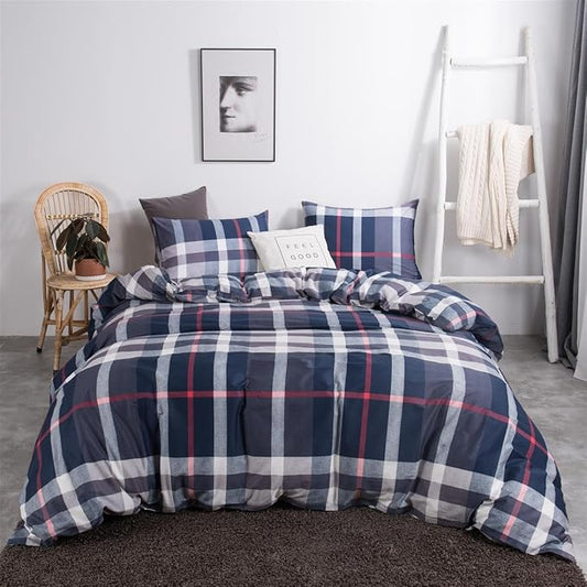 CLOTHKNOW Navy Plaid California King Comforter Set Tartan Bedding Comforter Sets All Season Soft Blue White Grey Grid Comforter with 2 x Pillow Cases