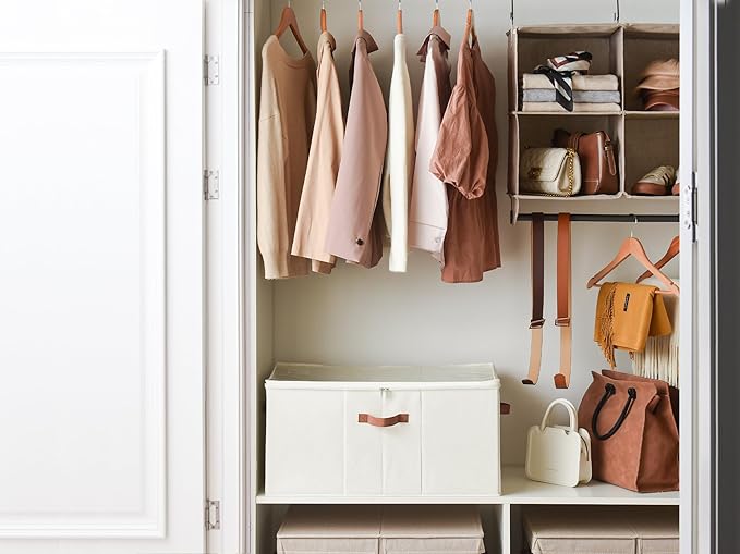 StorageWorks Shoe Organizer for Closet, Fits up to 24 Pairs, Shoe Cubby Storage Containers with Adjustable Dividers and Clear Cover, Beige