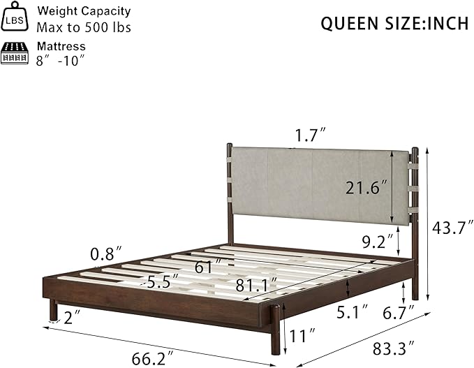 Premium Rubber Wood Platform Bed Frames, Queen Size Headboard Included, Mid Century Modern Bed, Walnut+Light Grey