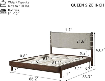 Premium Rubber Wood Platform Bed Frames, Queen Size Headboard Included, Mid Century Modern Bed, Walnut+Light Grey