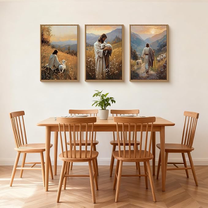 HOURIA Jesus Leaves The 99 Sheep Framed Canvas Wall Art Set,Christian The Lost Sheep Wall Decor,Jesus Embraces Lamb Artwork,Religious Biblical Art Prints for Living Room, Bedroom, Church- 24"x36"x3