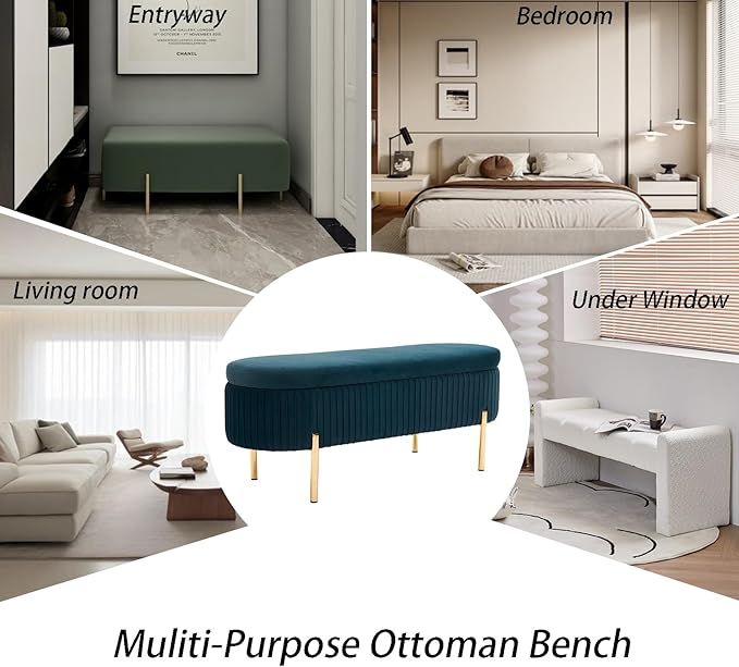 Velvet Storage Bench for Bedroom Upholstered End of Bed Bench Modern Ottoman with Gold Legs for Living Room/Window/Entryway (Teal/Blue-Green, Oval-45.5" W)