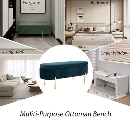 Velvet Storage Bench for Bedroom Upholstered End of Bed Bench Modern Ottoman with Gold Legs for Living Room/Window/Entryway (Teal/Blue-Green, Oval-45.5" W)
