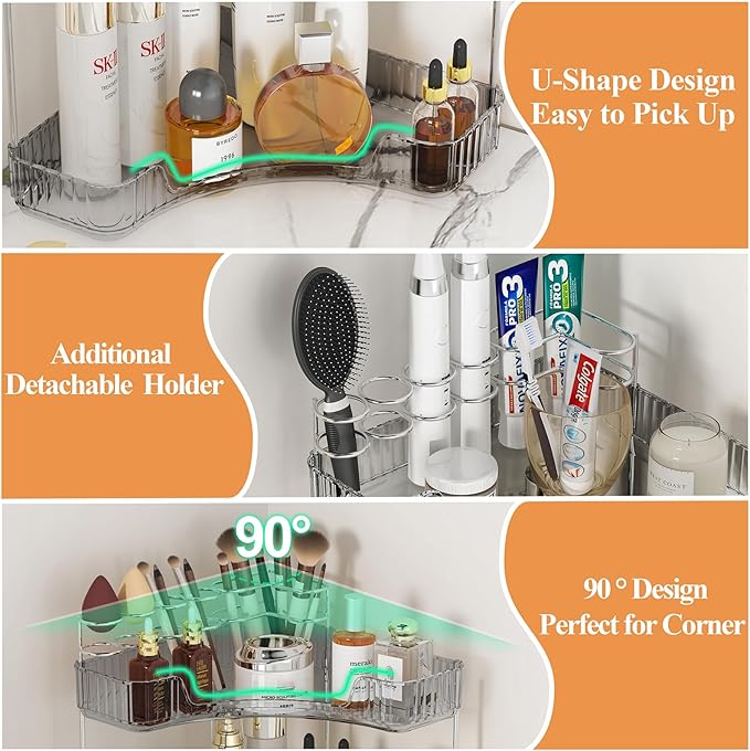 SUNZOS 2 Tier Corner Bathroom Counter Organizer, Bathroom Countertop Shelf with Makeup Brush Holder, Makeup Organizer for Vanity Perfume Tray for Corner Storage