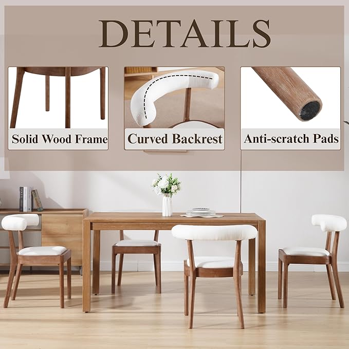 Wood Dining Chairs Set of 6, Mid Century Modern Living Room Chairs with Unique Curved Open Back Comfy Upholstered Side Chair for Kitchen/Restaurant/Reception, Linen White