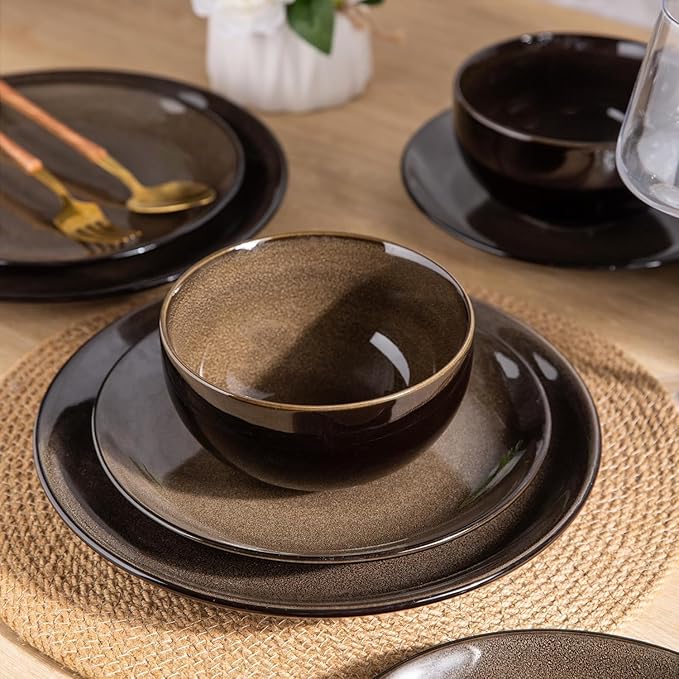 LeRatio Ceramic Dinnerware Sets for 6,Stoneware Plates and Bowls Sets,Handmade Reactive Glaze Dishes Set,Chip Resistant and Scratch Resistant | Oven&Dishwasher & Microwave Safe-Espresso Brown(18PCS)