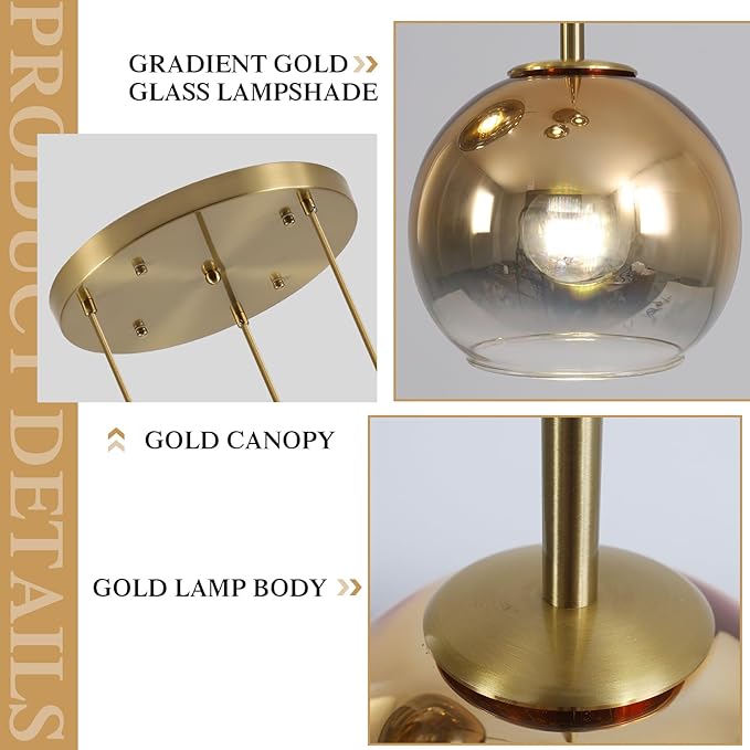 KCO Lighting 3 Light Globe Cluster Pendant Light Modern Glass Cluster Chandelier Gold Glass Pendant Light Fixture Mid Century Dining Room Chandelier Multi Pendant Light Fixture