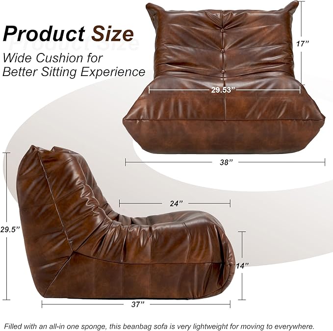 Hobestluk Giant Bean Bag Chair Lazy Floor Sofa, Fireside Sofa for Adults, Big Beanbag Faux Leather Armless Chair for Living Room Bedroom Dorm Office (Brown, Single)