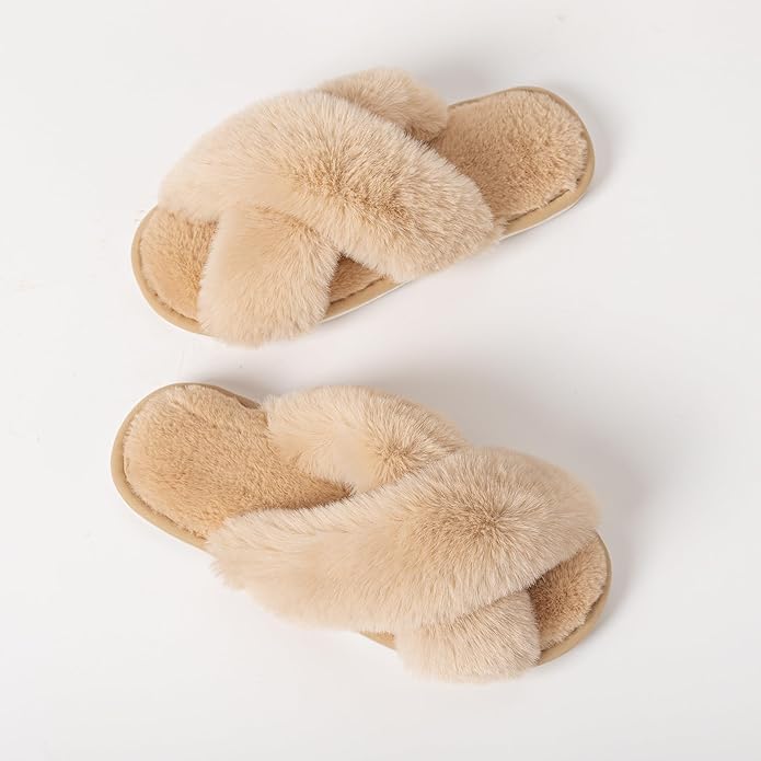 Women's Slipper Memory Foam Cross Band Fuzzy Slippers Open Toe Cozy House Slippers Cozy Plush Bedroom Indoor Outdoor