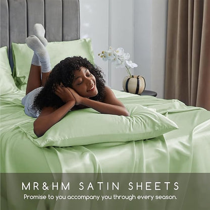 MR&HM Satin Bed Sheets with Elastic Corner Straps, King Size Sheets Set, 4 Pcs Silky Bedding Set with 15 Inches Deep Pocket for Mattress (King, Light Sage)