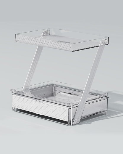 Z-Shaped Bathroom Countertop Organizer – 2-Tier Vanity Organizer with Sliding Tray & Drawer for Skincare, Makeup & Perfume – Acrylic Storage for Dresser, Office or Desk