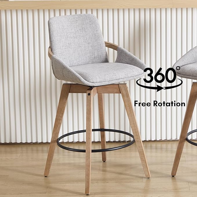 Mid-Century Swivel Bar Stools Set of 2, 26.5 inch Counter Height Barstools Linen Fabric Bar Chairs with Wooden Frame for Kitchen Island Dining Room, Grey