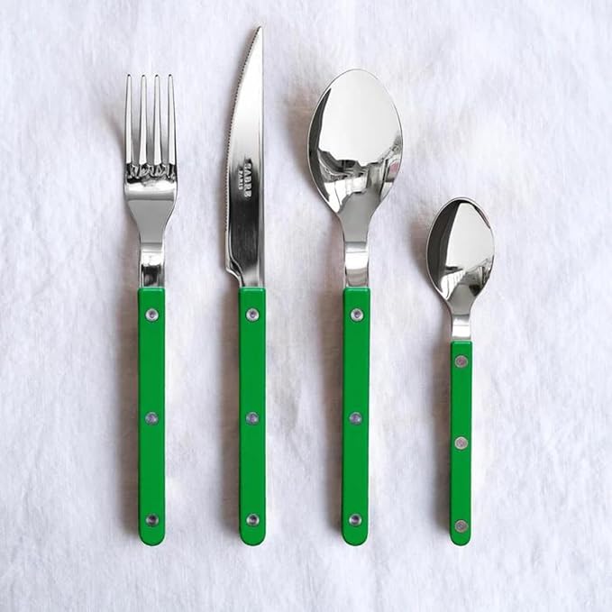 5-Piece Flatware Set - Bistrot Collection - Knife, Fork, Soup Spoon, Teaspoon & Dessert Fork - Stainless Steel & Nylon - Dishwasher Safe - Garden Green - Brilliant Finish