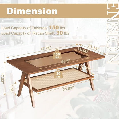 Mid Century Modern Coffee Table with Glass Top and Rattan Storage Shelf, Rectangular Walnut Wooden Coffee Table, Unique Center Tables for Living Room Apartment Home, 47.2 Inch