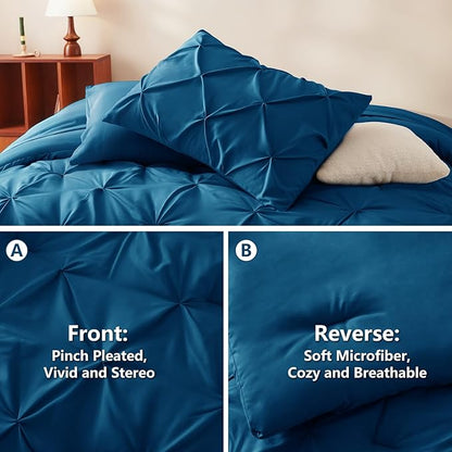 CozyLux Full Size Comforter Sets Teal, 7 Pieces Pintuck Bed in A Bag Teal Comforter Full Size, Pinch Pleat Bedding Sets with All Season Comforter, Sheets, Pillowcases & Shams