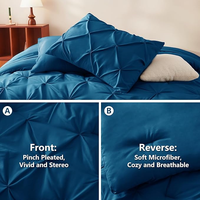 CozyLux King Size Comforter Set Teal, 7 Pieces Pintuck Bed in A Bag Teal Comforter King Size, Pinch Pleat Bedding Set with All Season Comforter, Sheets, Pillowcases & Shams