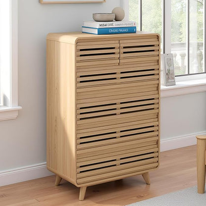 Tall Dresser for Bedroom, Fluted Dresser with 6 Drawers, Chests of Drawers with Grille & Curved Design, Dressers Slides Pre-Installed, Large Wood Drawer Organizer for Bedroom Hallway, Natural Oak