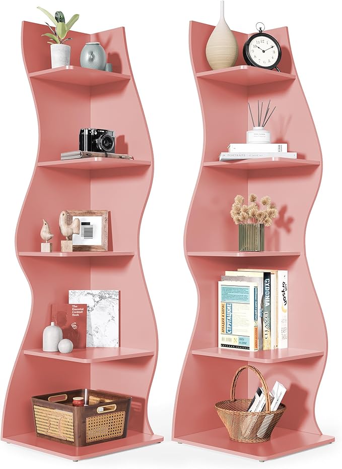 LITTLE TREE 70-Inch Corner Shelf, Seaweed Shaped Etagere Display Bookshelf, Freestanding 5-Tier Wall Shelves for Small Spaces, Living Room, Bedroom, Pink, 2 Pack