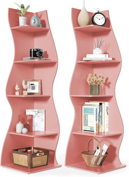LITTLE TREE 70-Inch Corner Shelf, Seaweed Shaped Etagere Display Bookshelf, Freestanding 5-Tier Wall Shelves for Small Spaces, Living Room, Bedroom, Pink, 2 Pack