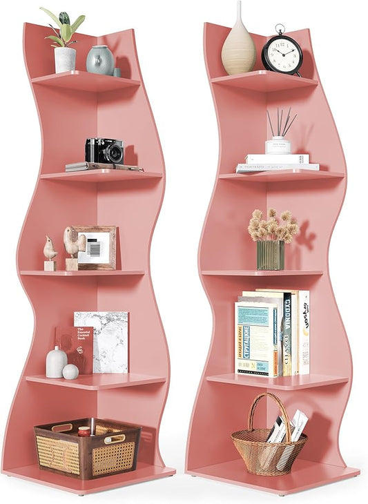 LITTLE TREE 70-Inch Corner Shelf, Seaweed Shaped Etagere Display Bookshelf, Freestanding 5-Tier Wall Shelves for Small Spaces, Living Room, Bedroom, Pink, 2 Pack